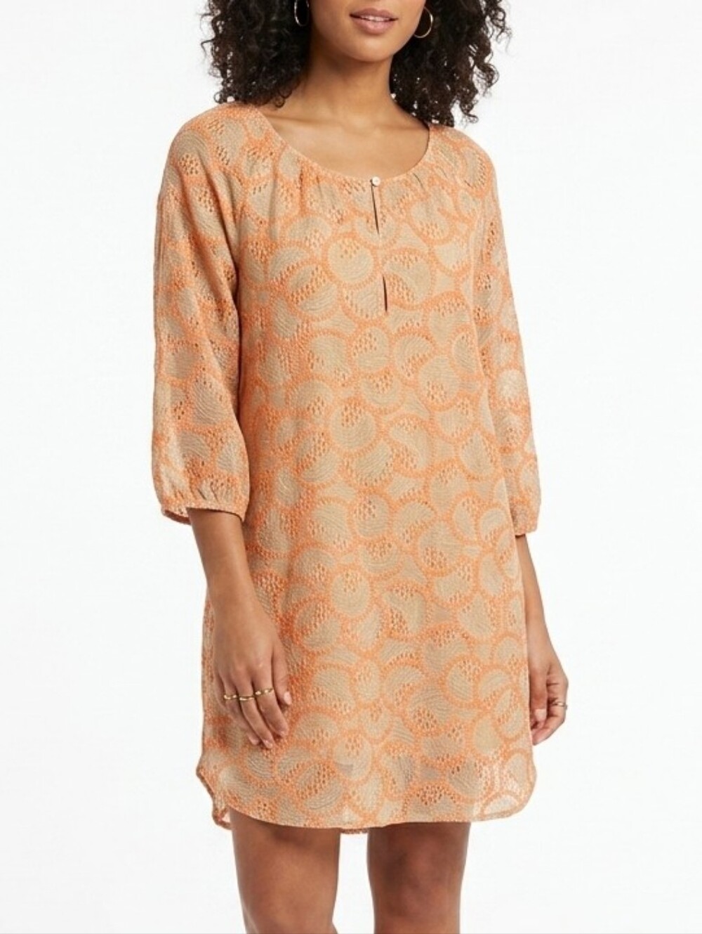 0039 Italy Orange/Beige 3/4 Sleeve Shirt Dress Size XS Sheer Lightweight Beachy